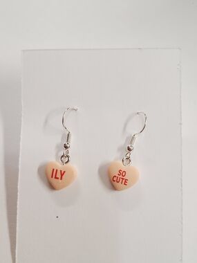 Heart Charm Dangle Earrings - Peach with Red Text